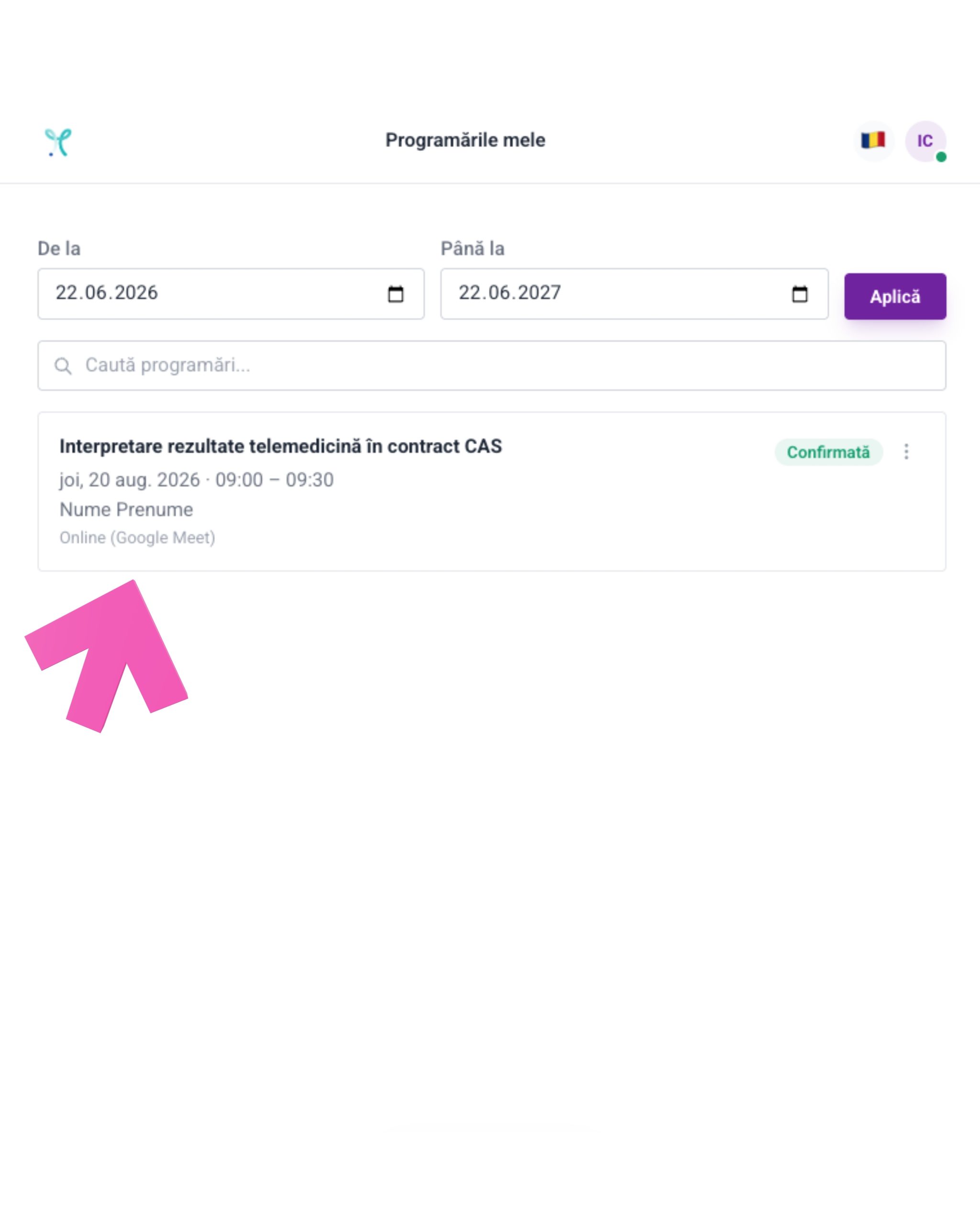 Pasul 3 - Selectare programare